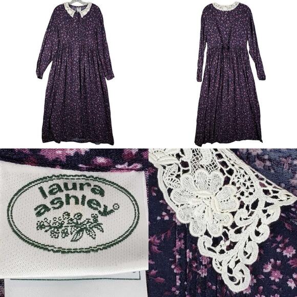 Vintage Laura Ashley Dress Modest Maxi Floral Lace Collar Button Cottage Size 10 - Picture 1 of 11